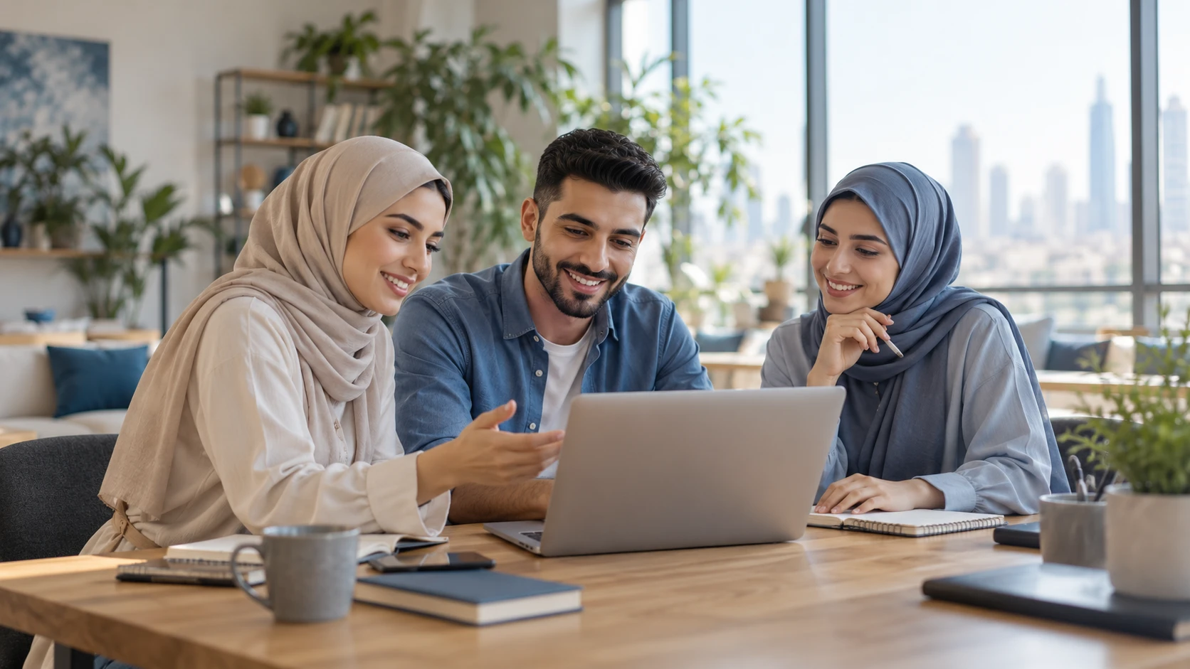 صورة مولّدة لزميلتين ترتديان الحجاب وزميل يتبادلون الأفكار حول حاسوب محمول